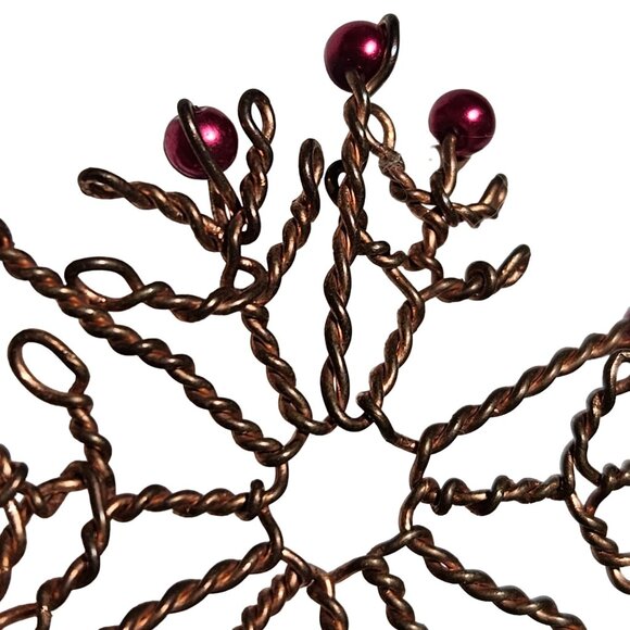 Handcrafted Copper Wire Snowflake Pendant Red Beads Christmas Holiday Jewelry - Picture 2 of 3